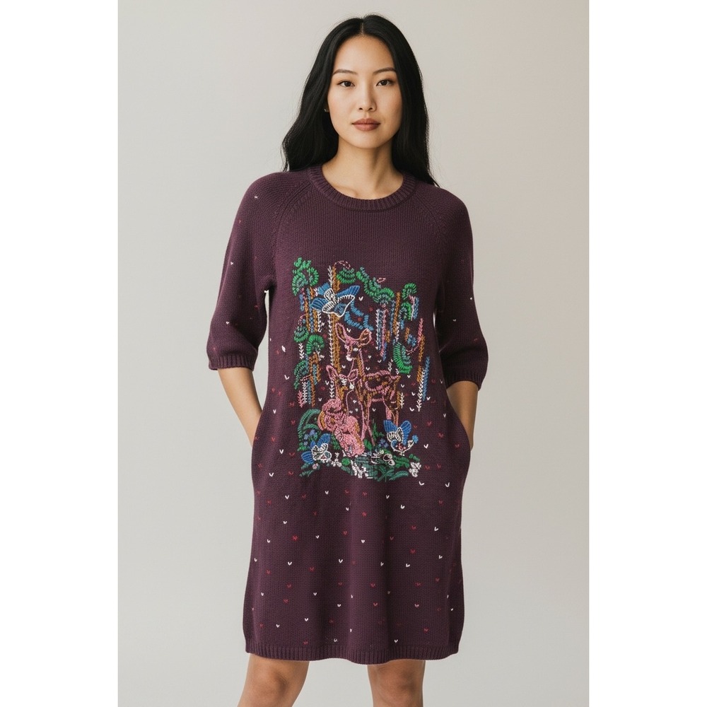Manoush Womens Embroidered Woodland Deer Knit Mini Dress Purple XS H8 BARO